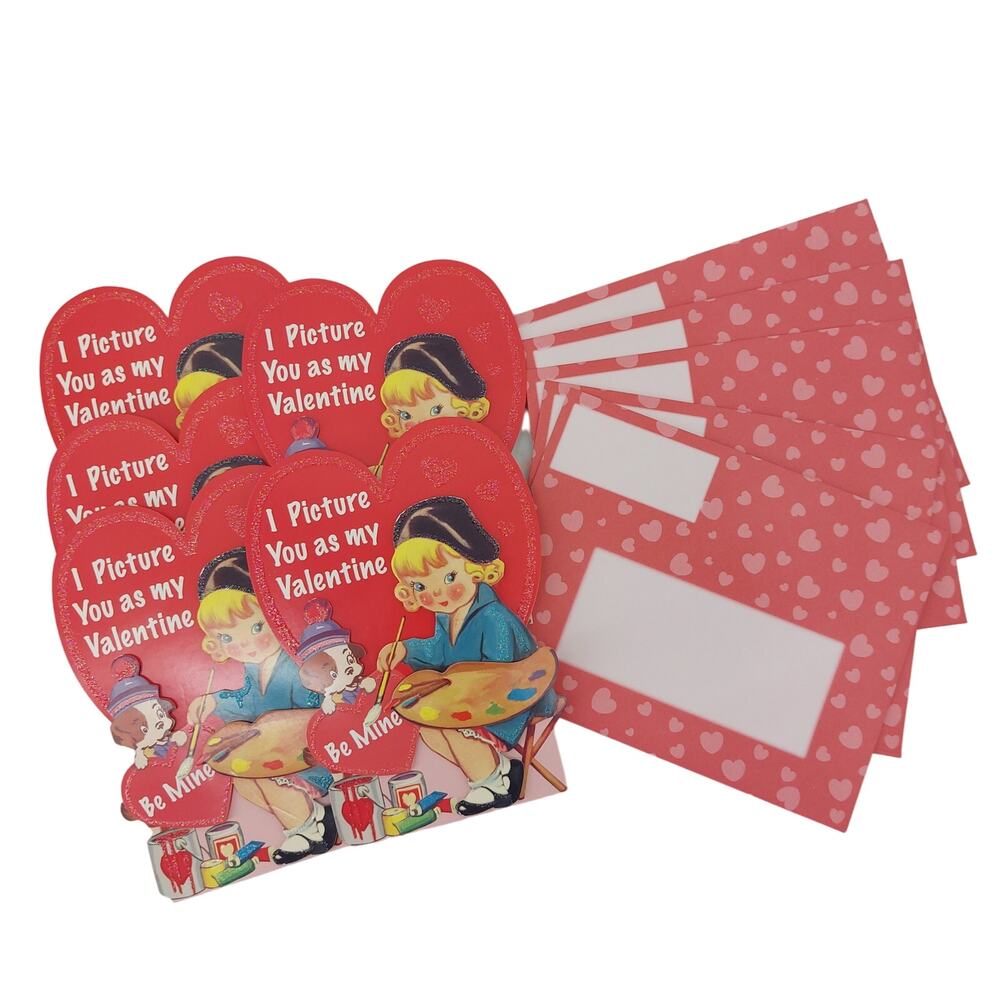 Vintage Valentine Artist Day Cards Cute Girl Painter Dog 3D Reproduction